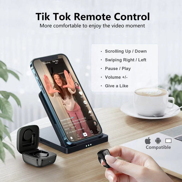 TIK TOK Wireless Page Turner Tiktok Scrolling Button Ring Fingertip Bluetooth Remote Control with Charging Case for iPhone Android ipad Cell Phone